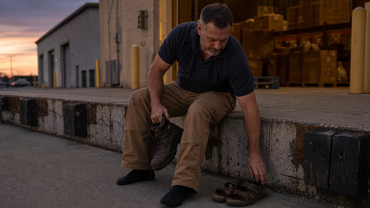 A man in work pants slipping on a flip flop at the end of a concrete loading dock, tired posture