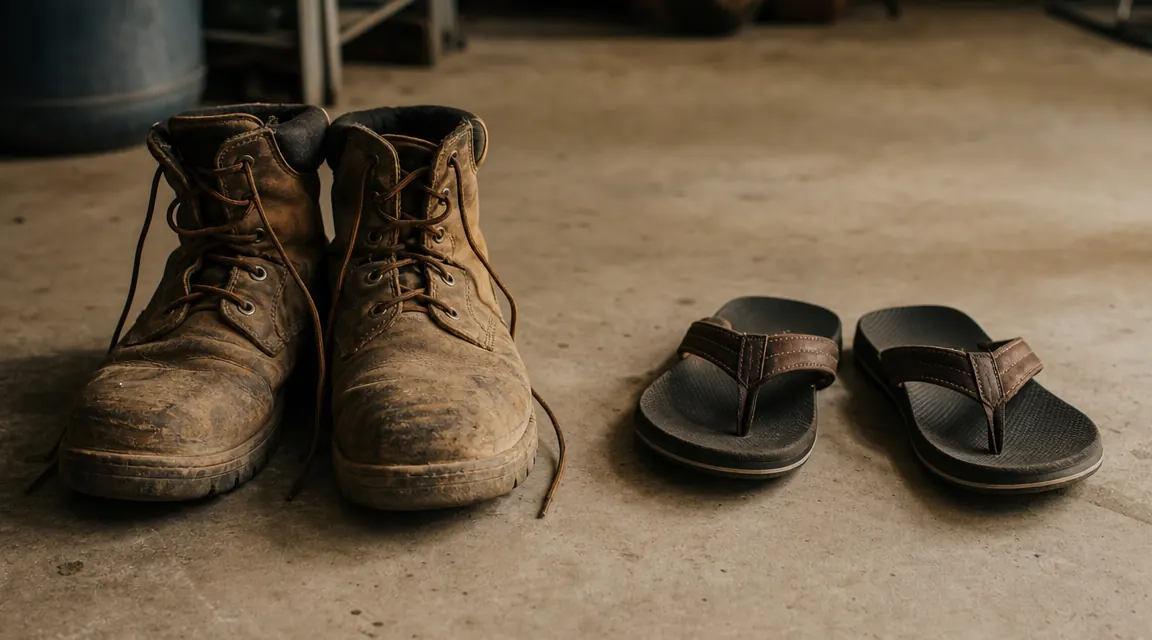 A pair of KuaiLu arch support flip flops resting on a concrete floor near a work boot, soft warm light