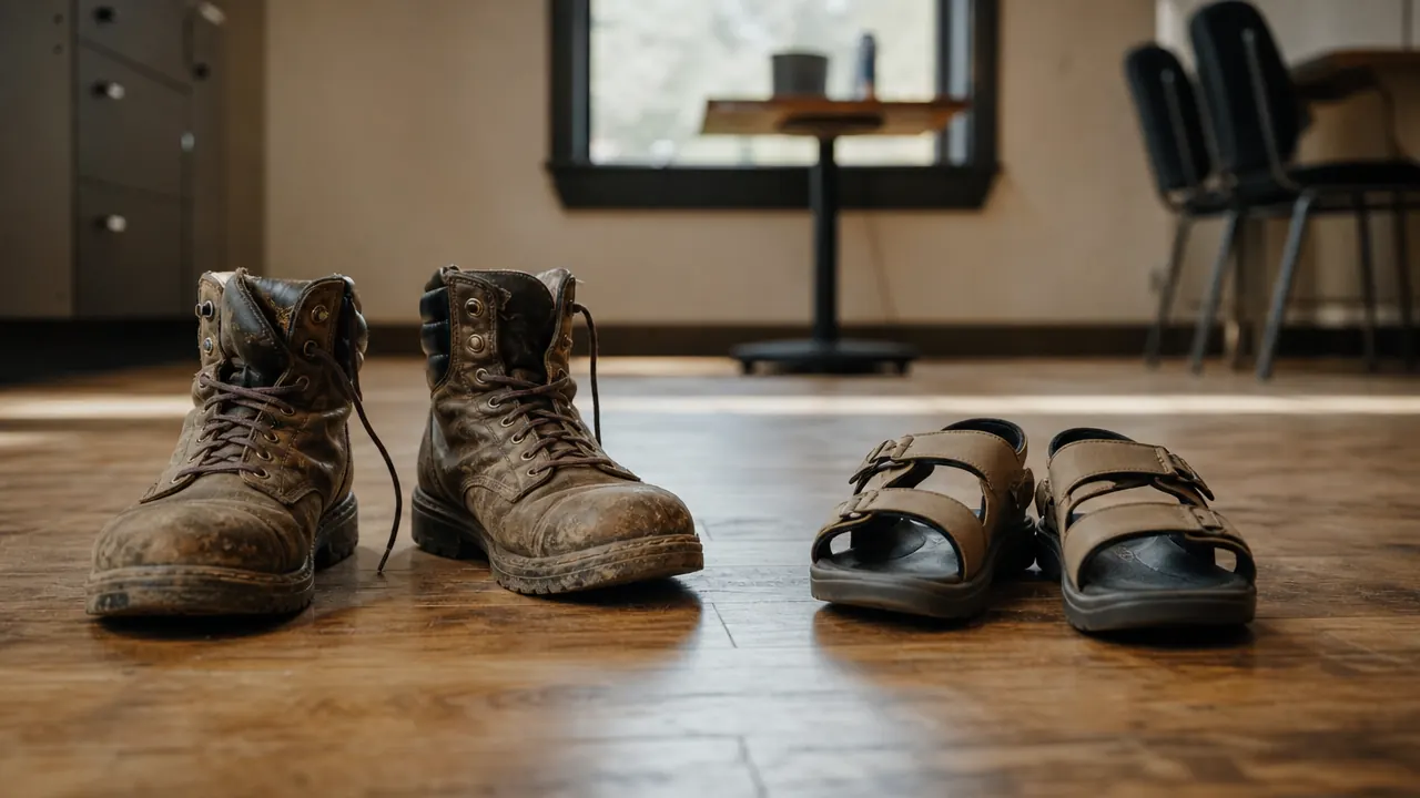 A pair of arch support flip flops resting on a wooden floor beside a pair of worn work boots